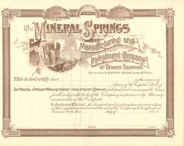 Mineral Springs Manufacturing and Investment Co. of Denver, Colorado - Stock Cer