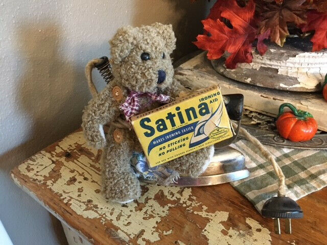 Vintage Iron with Stuffed Bear and Satina Ironing Aid Box