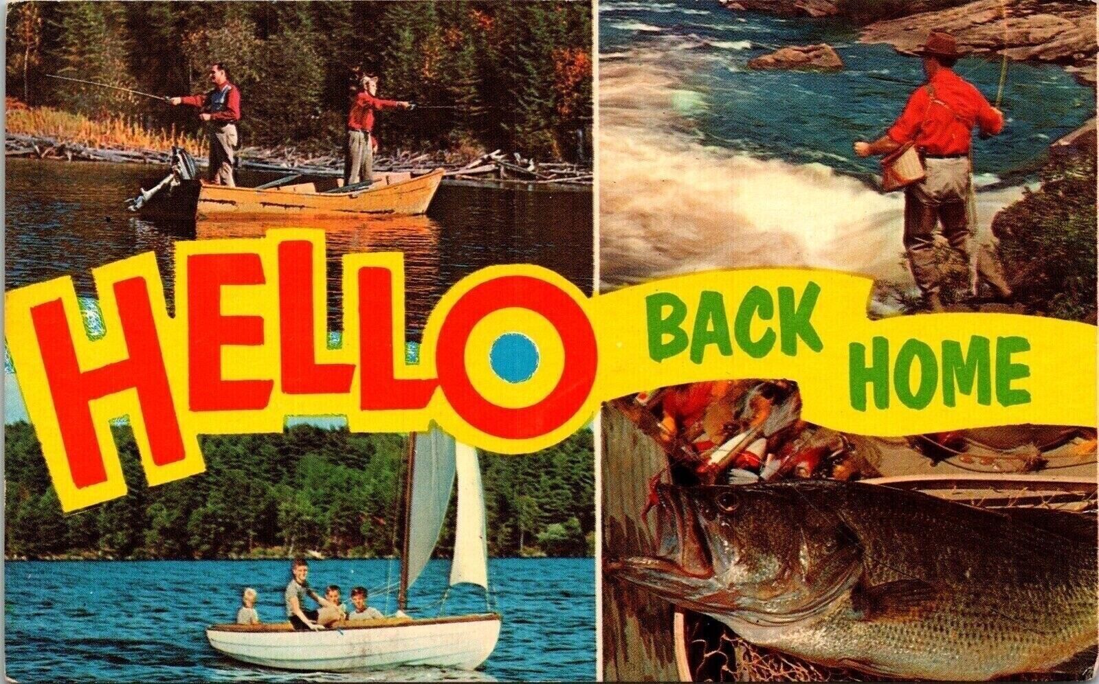 Hello Canada Multi View Sailing Boats Fisherman River FIshing Chrome Postcard