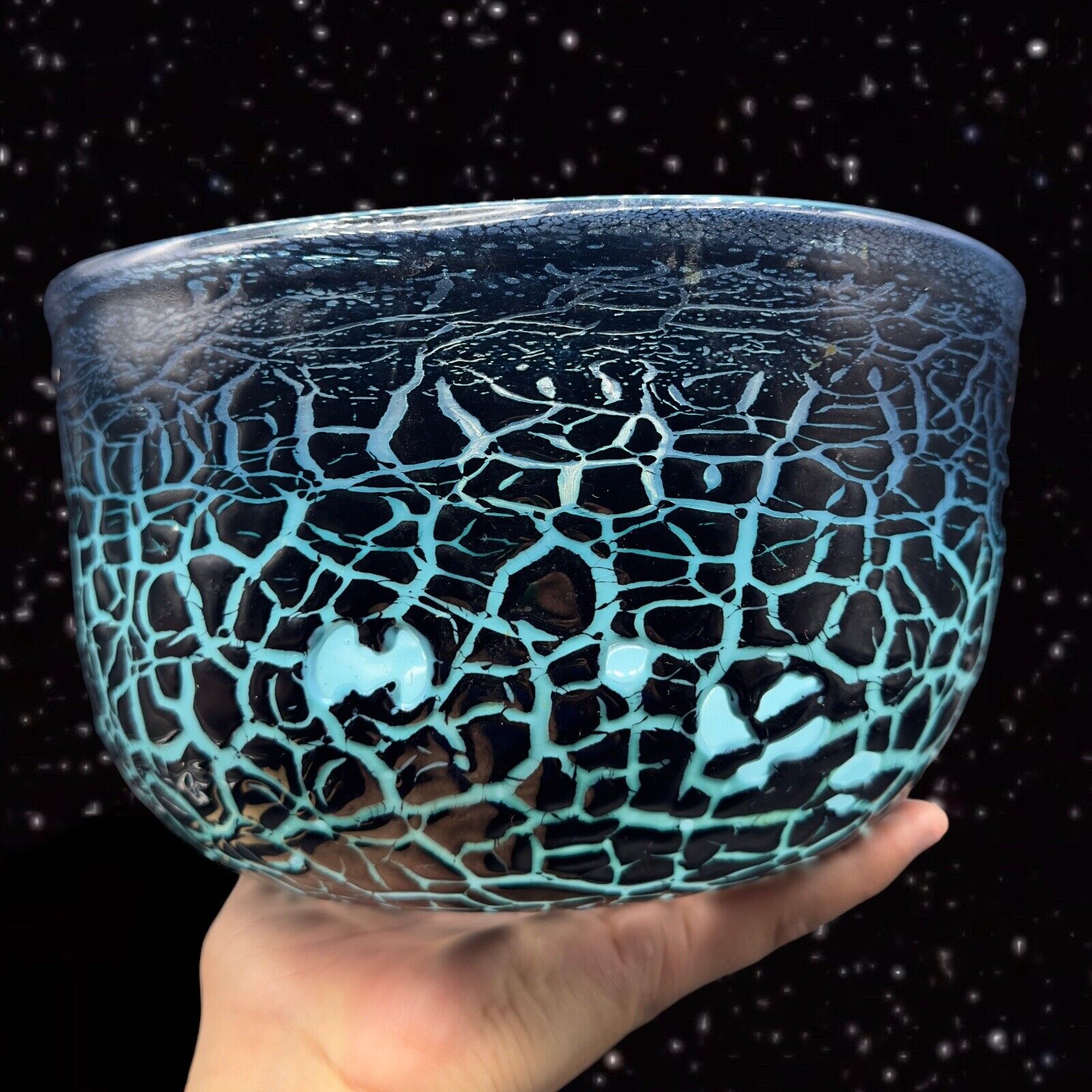 Venetian Art Glass Bowl Textured Black Blue Glass Signed MAW 1987 Hand Blown