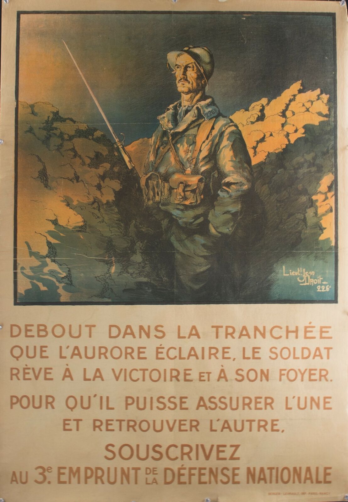 c. 1918 Debout Dans La Tranchee Que Laurore Eclaire Jean Droit France WWI Poster