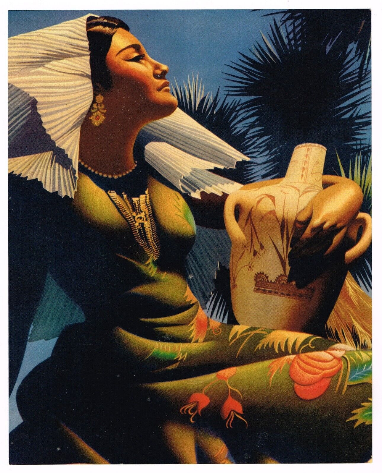 ORIGINAL VINTAGE MEXICAN CALENDAR PRINT PIN UP 1940S ART DECO POTTERY STYLIZED