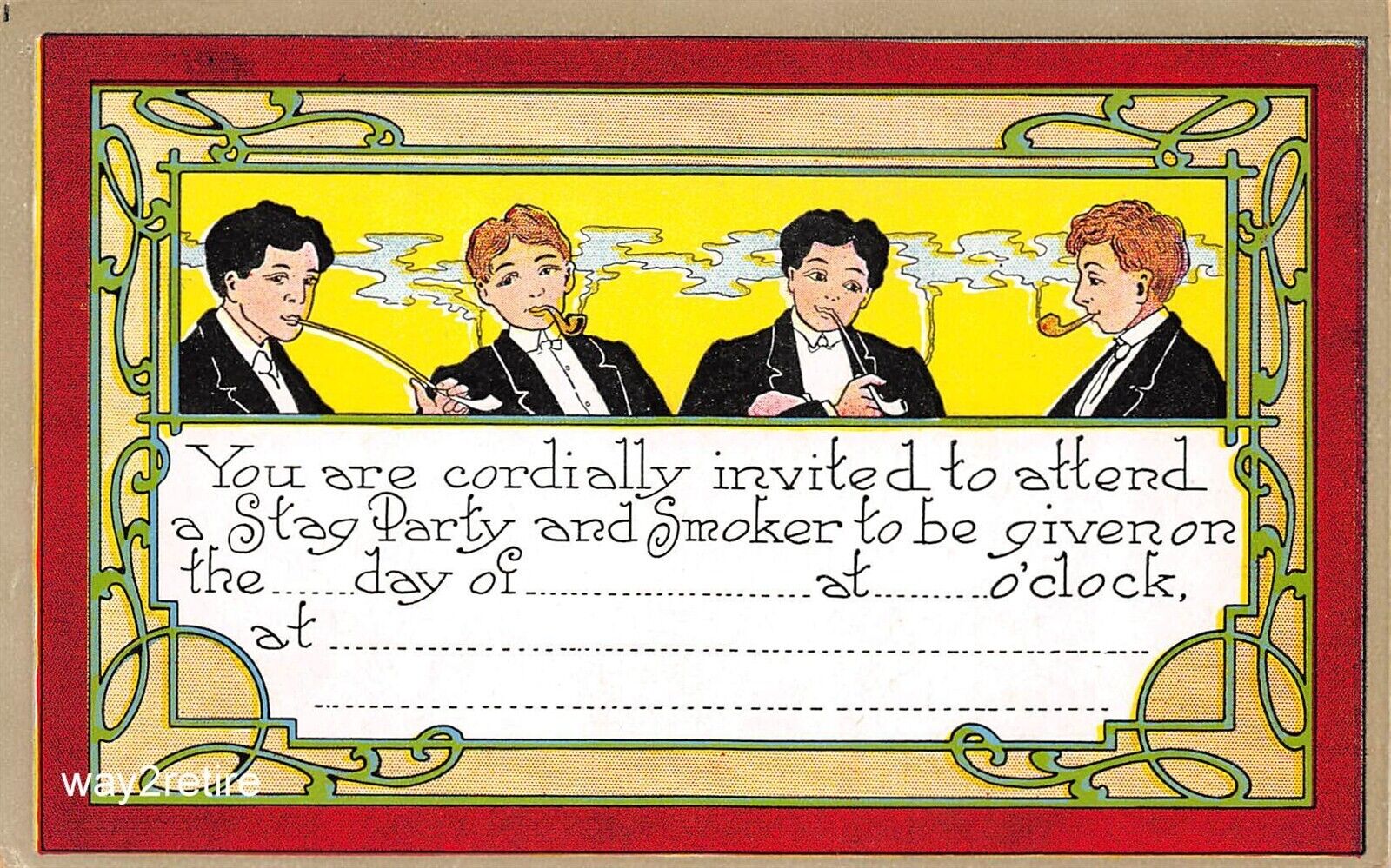 Postcard OCP Invitation Cordially Invited to Stag Party and Smoker 1920s