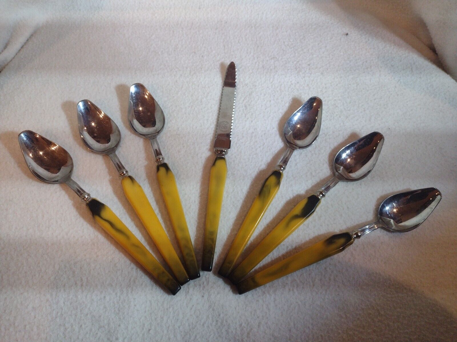 Marbled Yellow Bakelite Grapefruit Knife And Set Of 6 Spoons