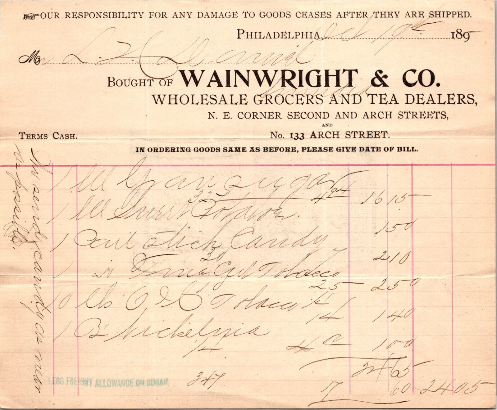 Wainwright Co Philadelphia PA 1895 Billhead Wholesale Grocer & Tea Dealer