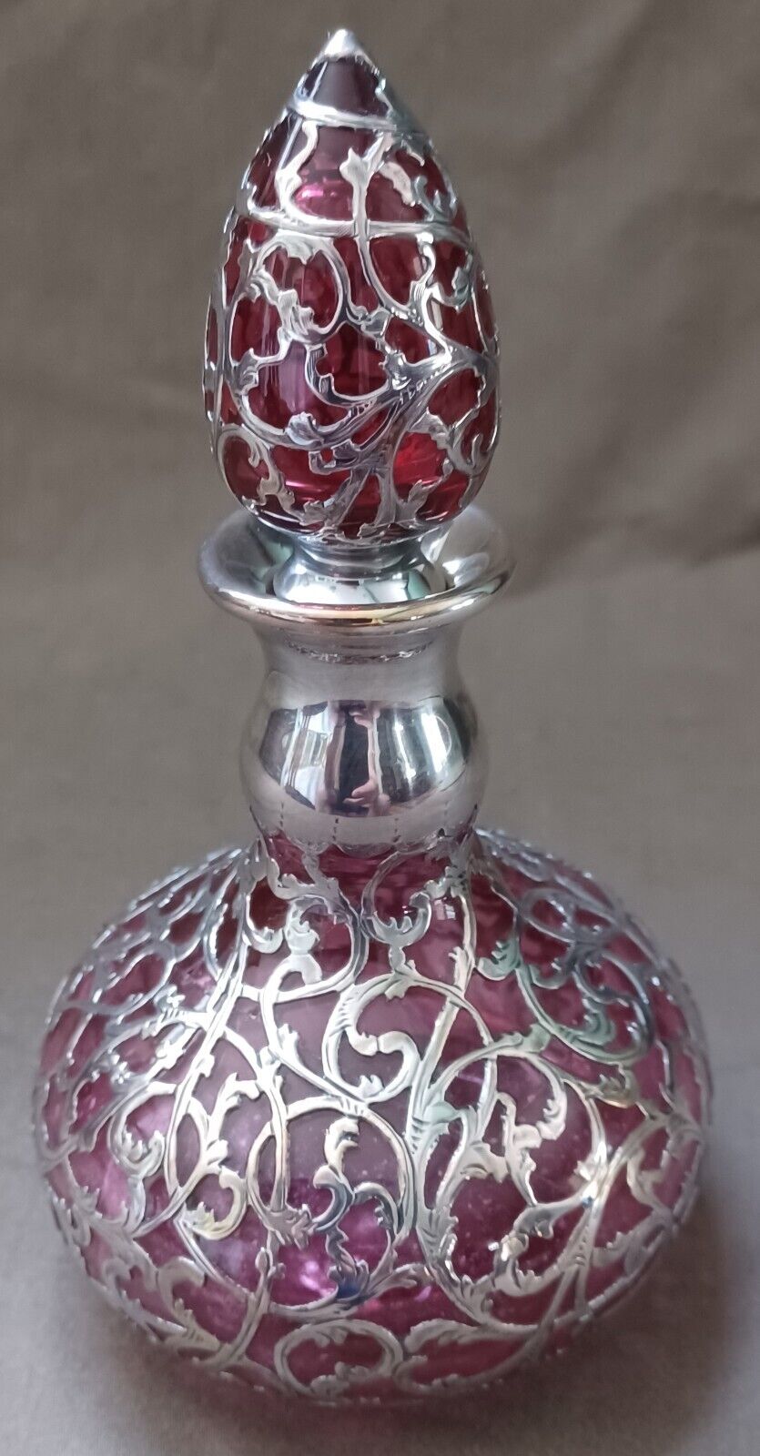 Cranberry Flashed Glass Perfume with Silver Overlay (AS IS)