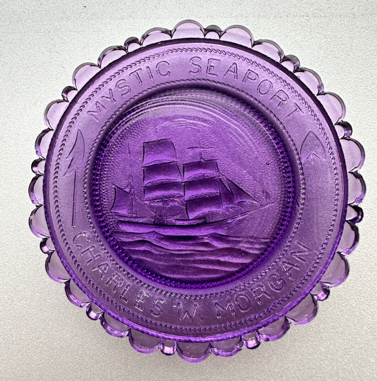 Vintage Pairpoint Glass Cup Plate Mystic Seaport Charles W. Morgan - Purple