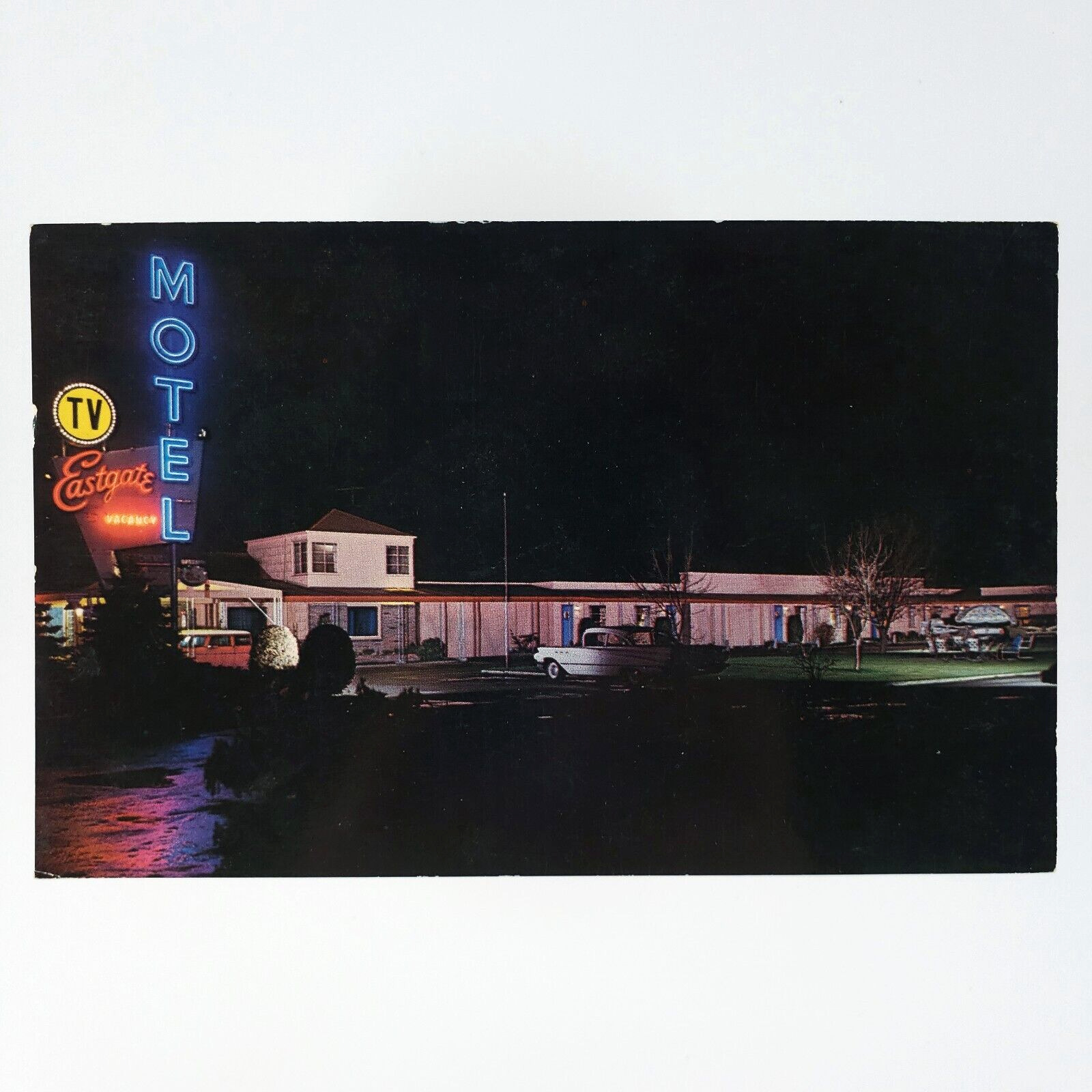 Eastgate Motel at Night Postcard 1960s Bellevue Washington Neon Signs C3288