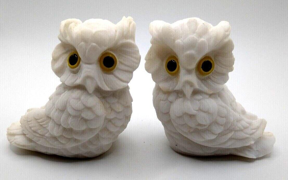 Alabaster Owls Figurines Great Horned Owl with Yellow Glass Eyes Made in Italy