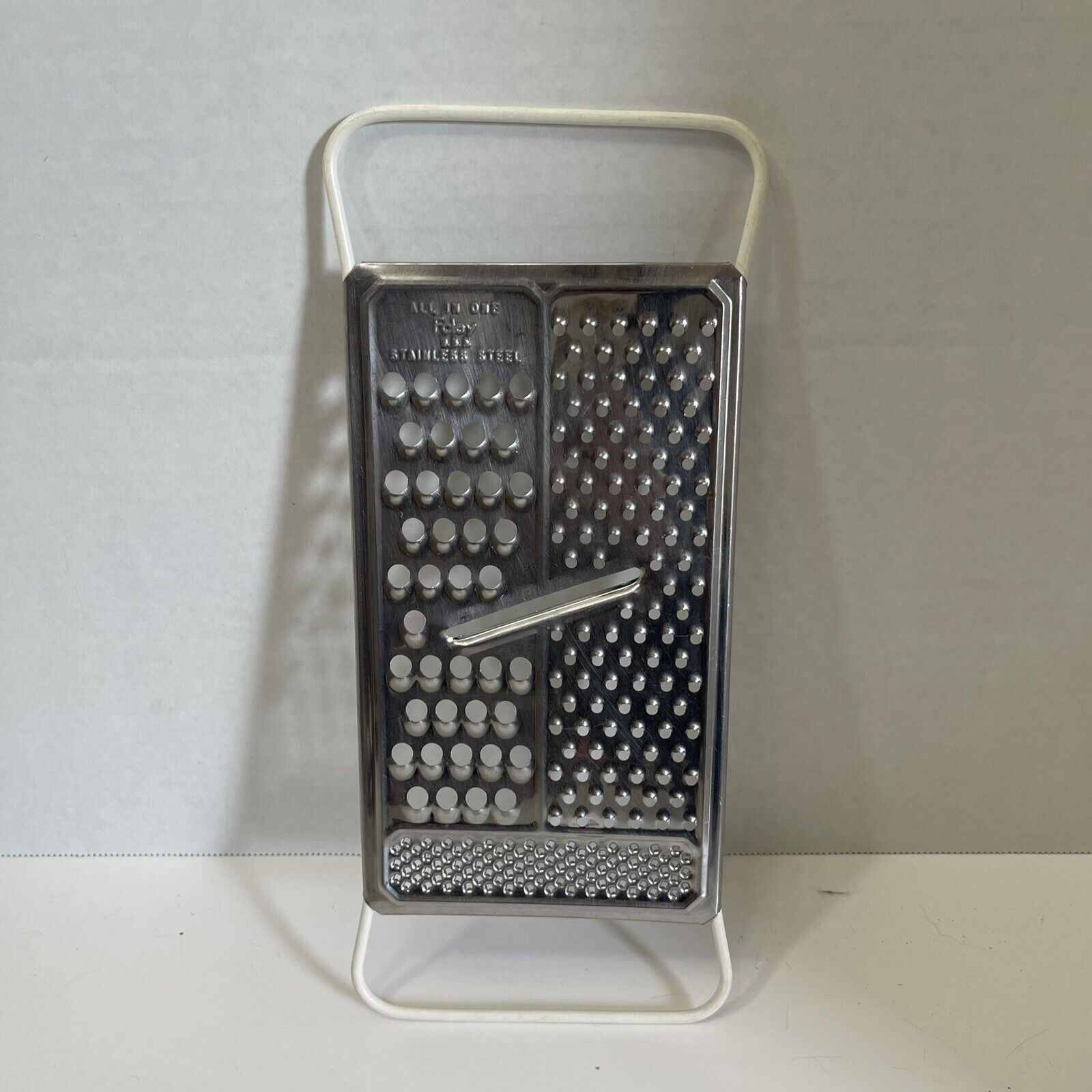 Vintage Foley All In One One Cheese Grater Slicer White Handles USA Stainless