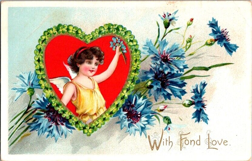 Vintage Tuck\'s Valentine\'s Postcard with Fond Love Angel Inside Heart      B-377