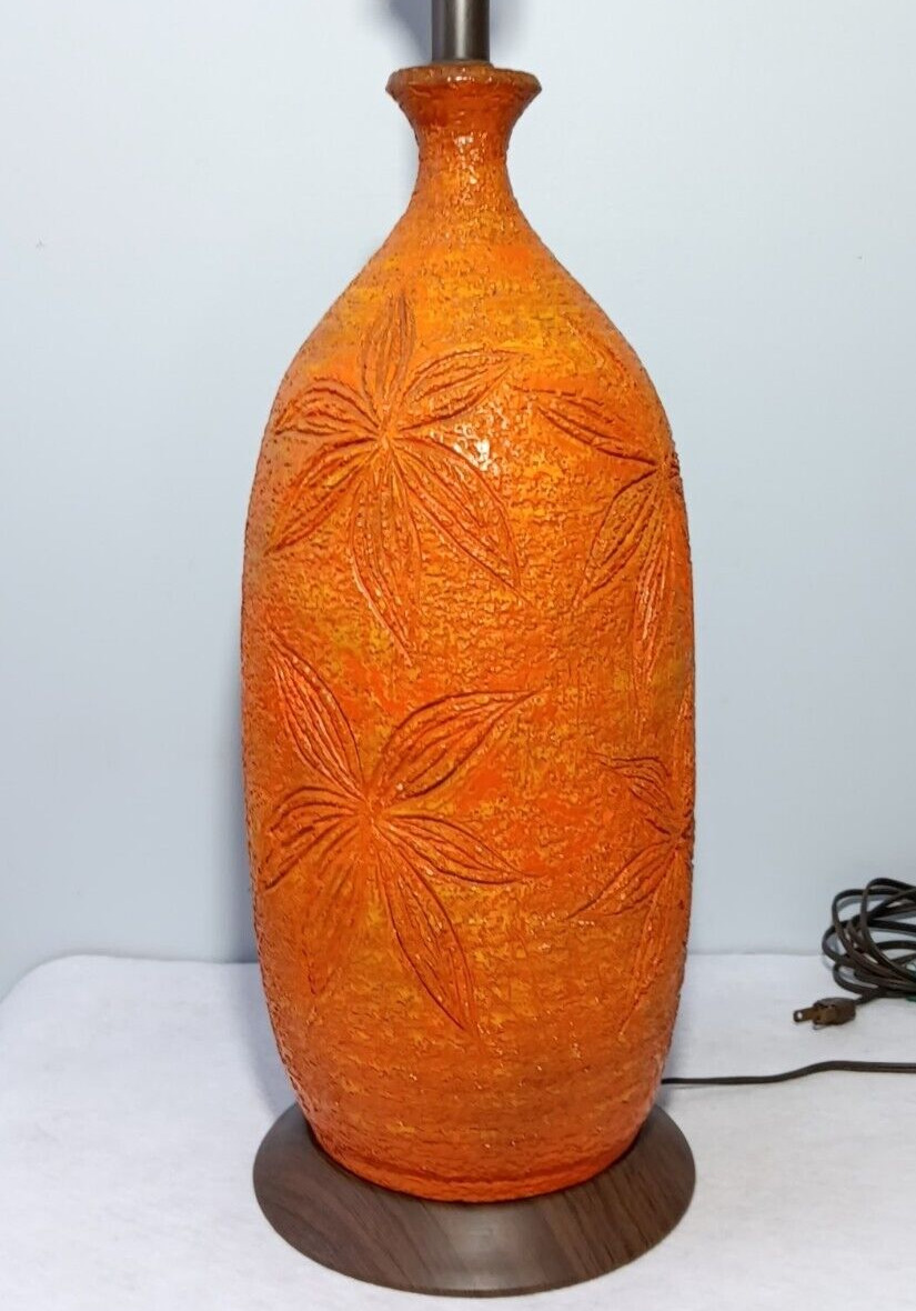 Vintage Mid Century Modern Large Orange Ceramic Table Lamp 60s Flower Power 34\