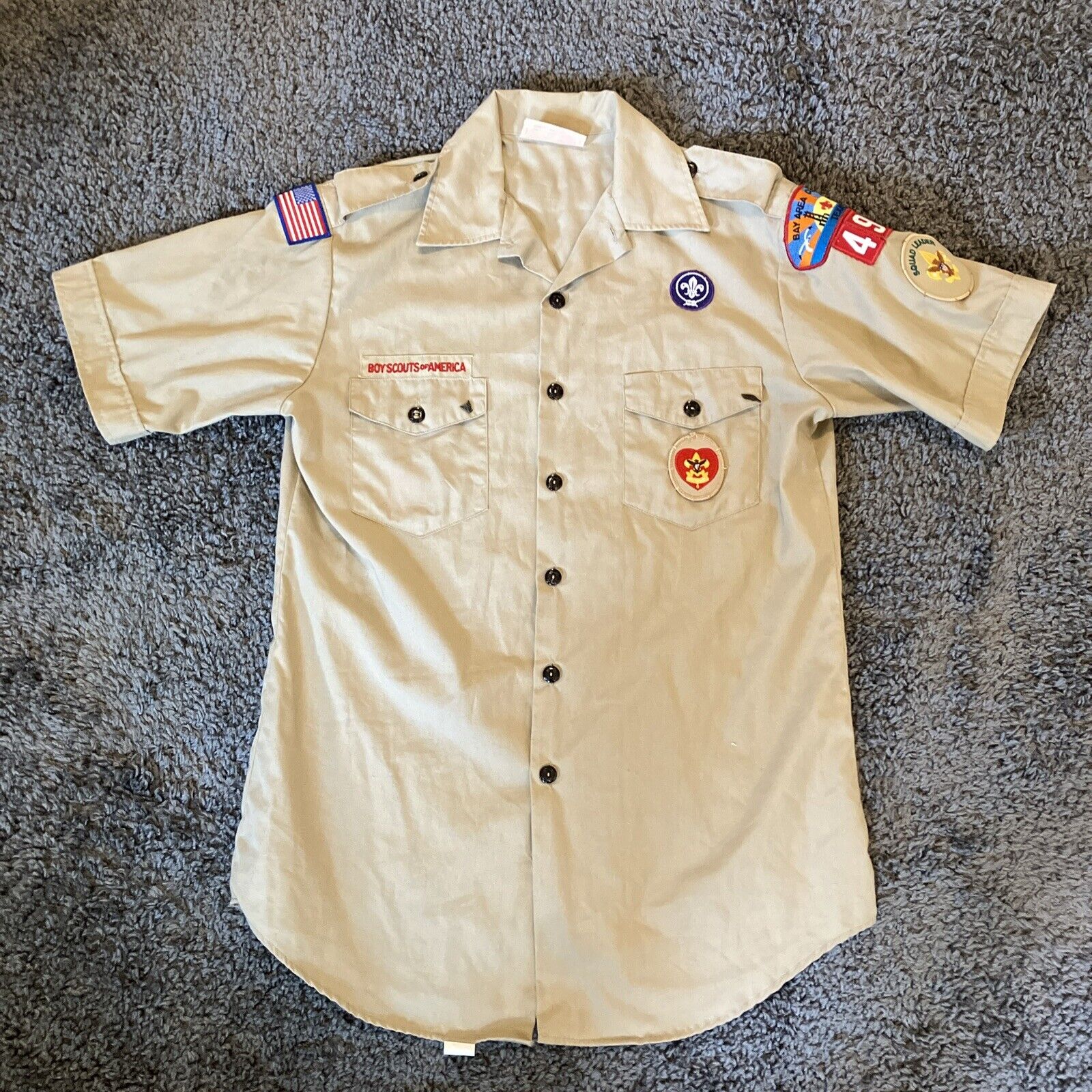 Vintage Boy Scouts Uniform Shirt Short Sleeve Patches Squad Leader Men Medium