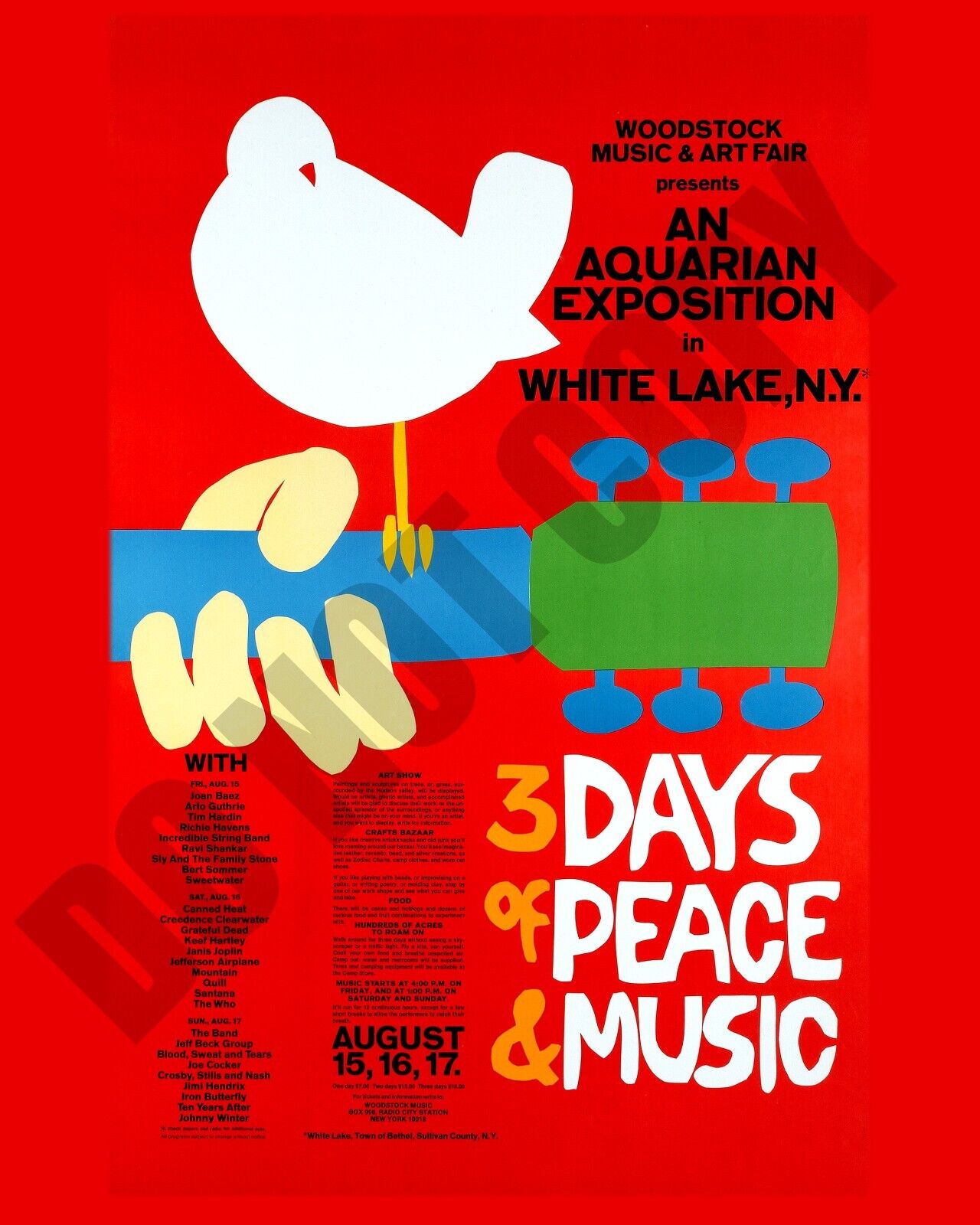 1969 Woodstock Music Art Fair Festival Concert White Lake Handbill 8x10 Photo