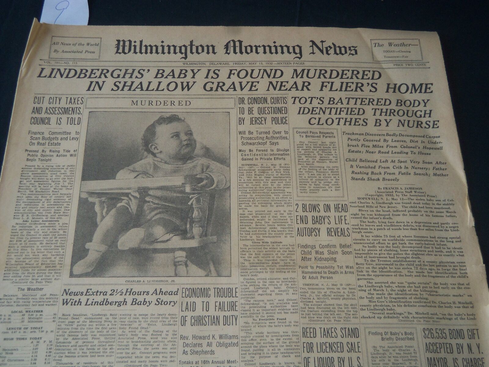 1932 MAY 13 WILMINGTON NEWS NEWSPAPER - LINDBERGH'S BABY FOUND MURDERED- NT 7228