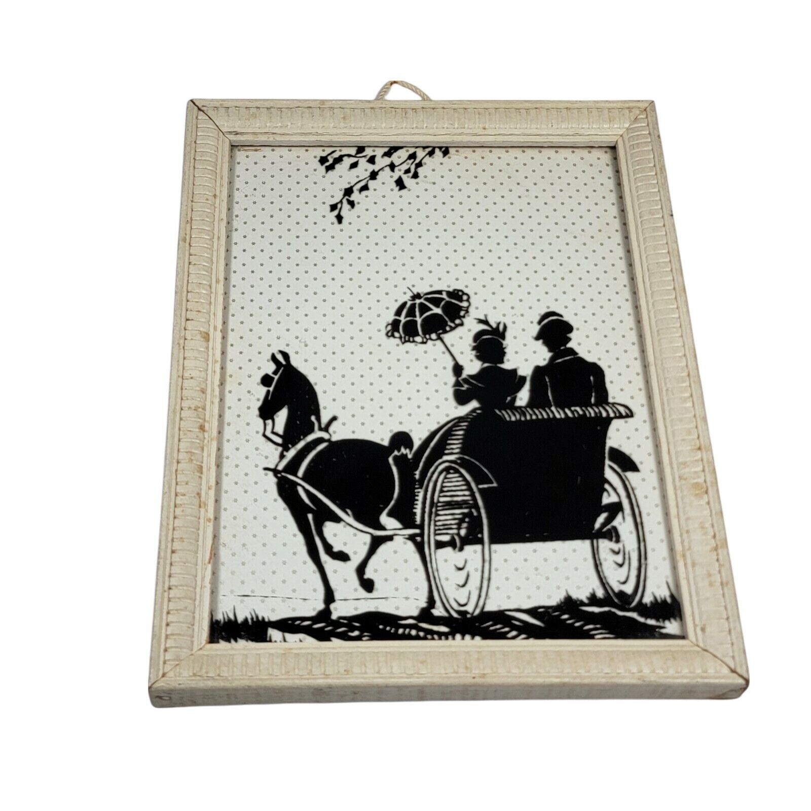 VTG 1950s MCM Black Silhouette Horse Buggy Woman Umbrella Carriage Framed Wall  