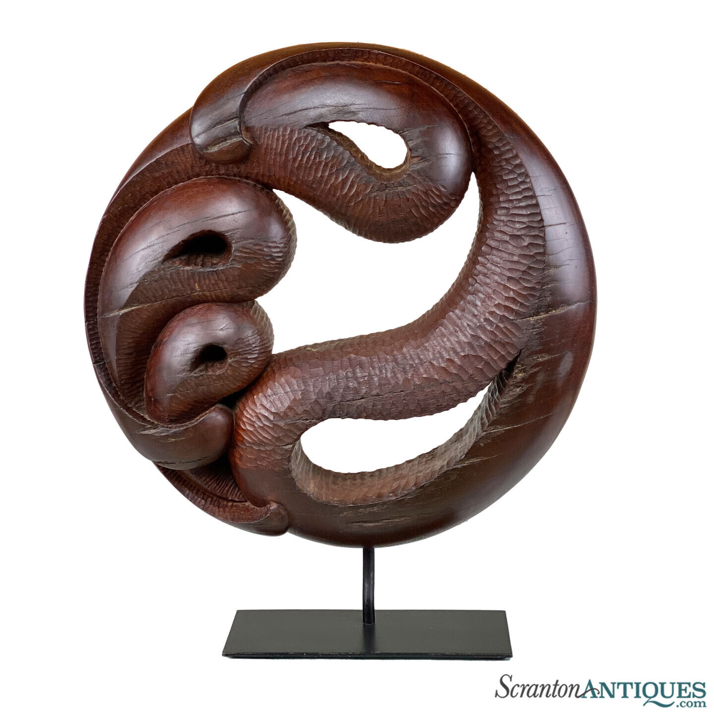 Vintage Asian Abstract Carved Rosewood Round Sculpture