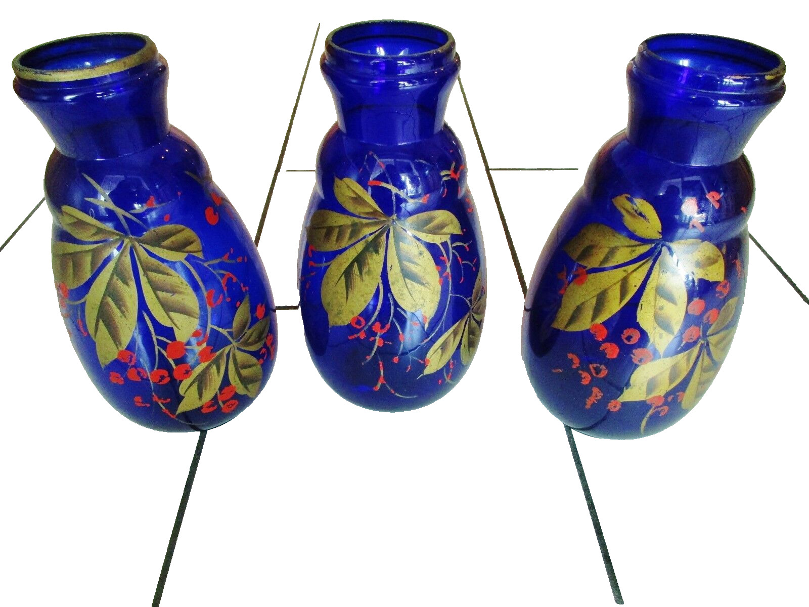 Series Of 3 Antique Vases D'Autel-Pots Glass Bleu-Motifs Floraux-Peints Hand