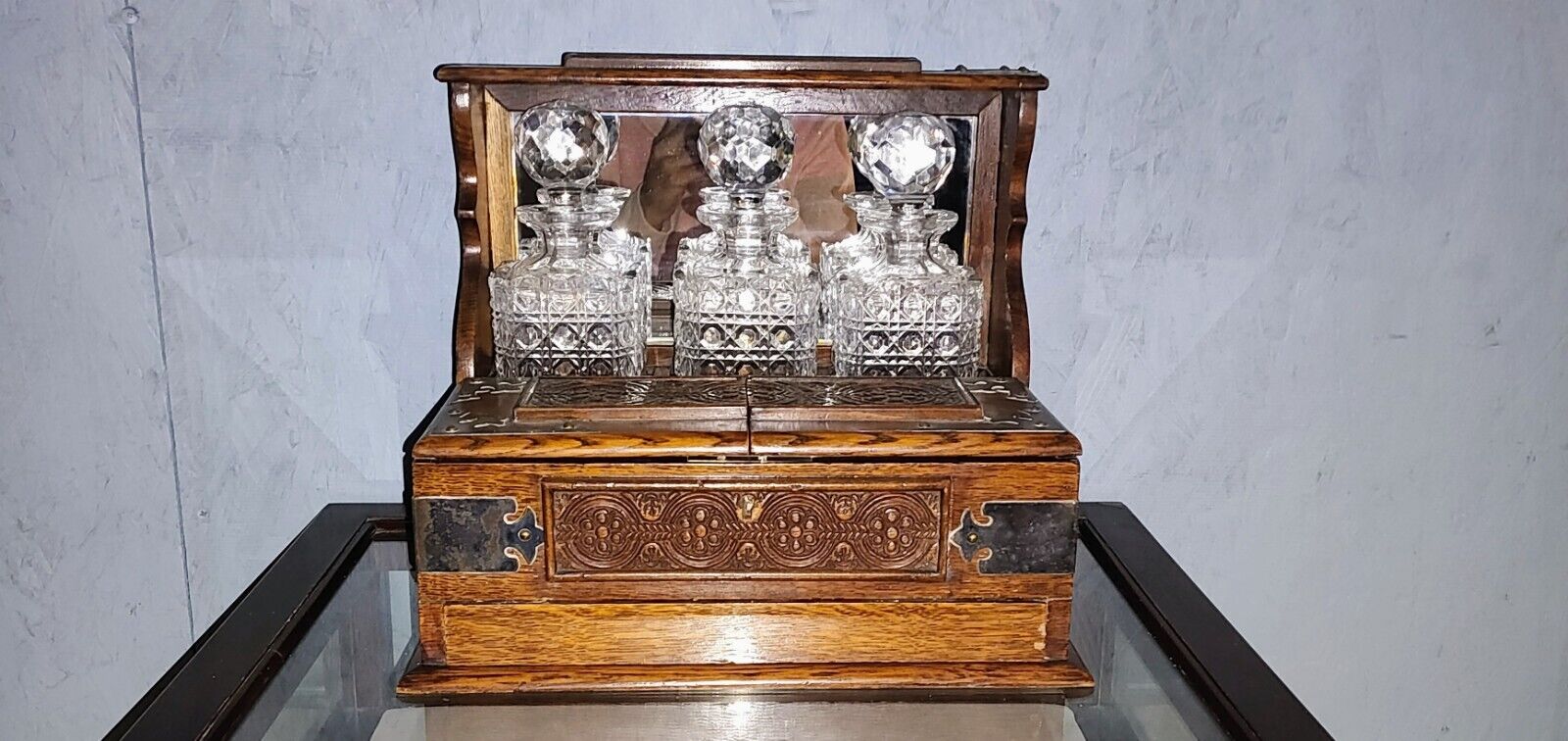 Antique English Victorian Oak Tantalus w/ Crystal Decanters Very nice w/ drawer