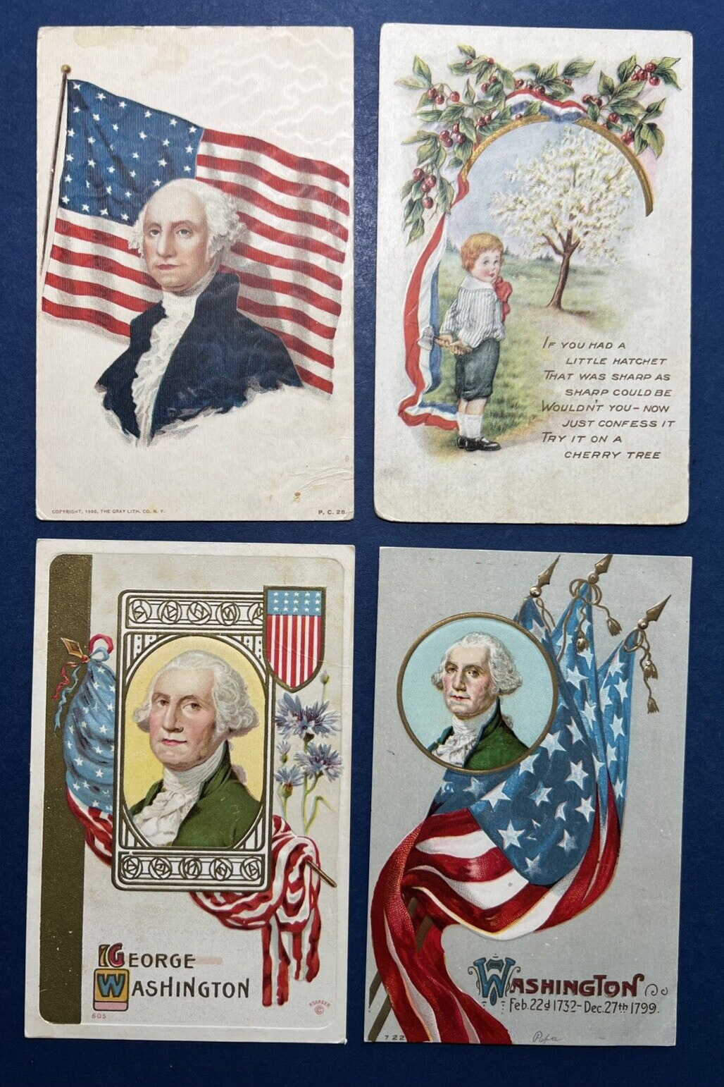 Mixture 4 Washington Antique Patriotic Postcards. Portraits, Flags, Boy w Axe