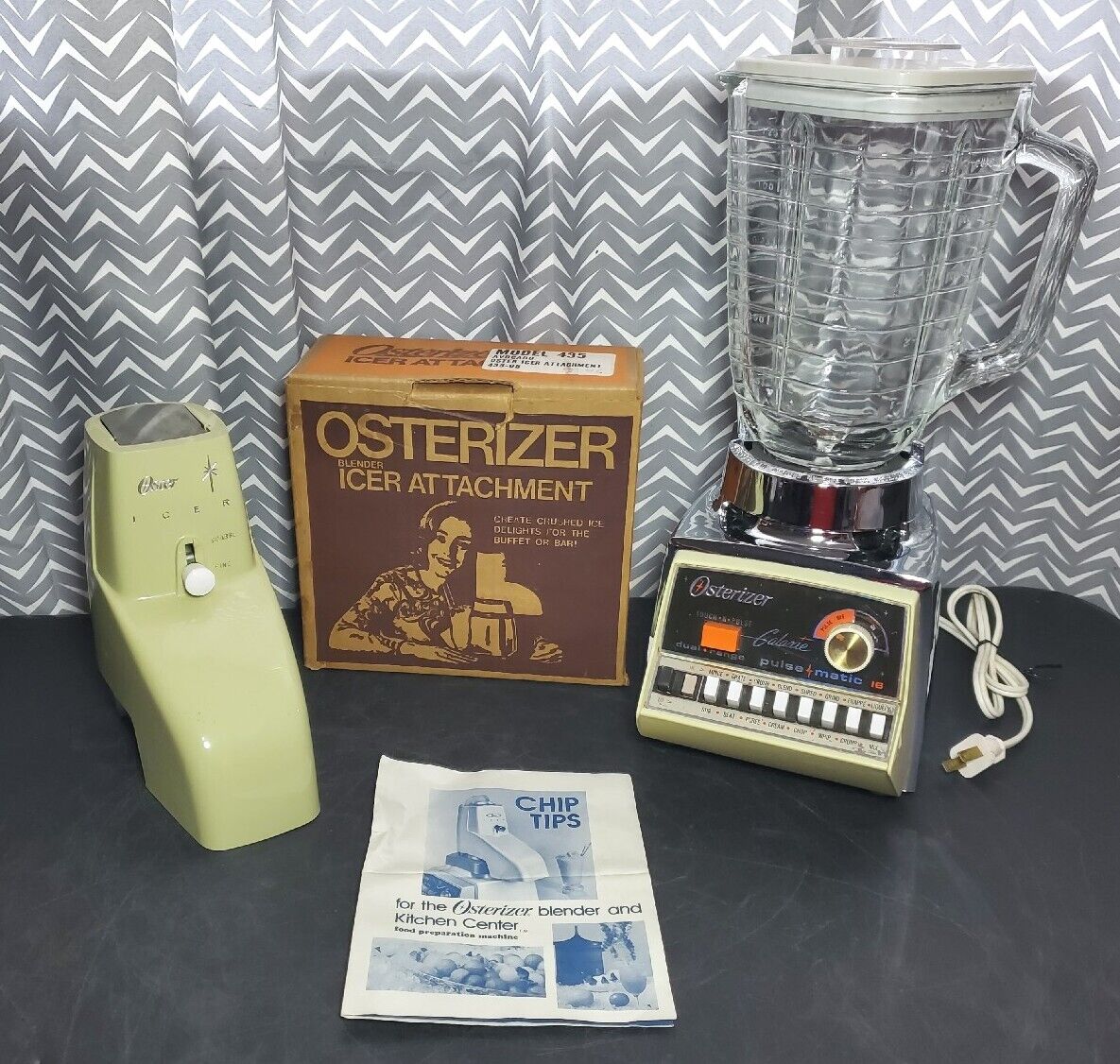 Vintage70\'s Osterizer Pulse Matic 16 Blender Avocado Chrome~With Icer Attachment