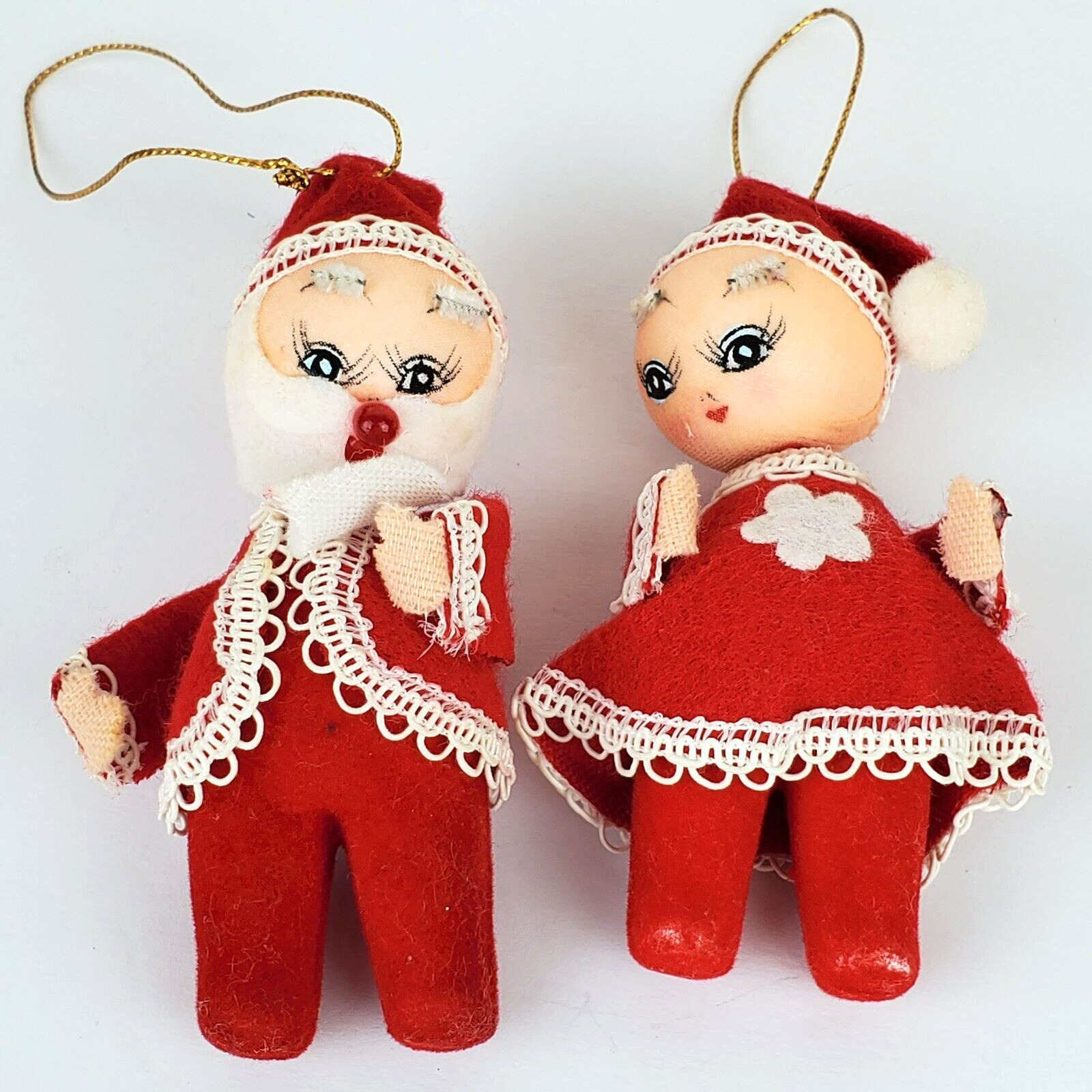 Vintage Mr. & Mrs. Santa Claus Spun Cotton Head Felt Lace Christmas Ornaments