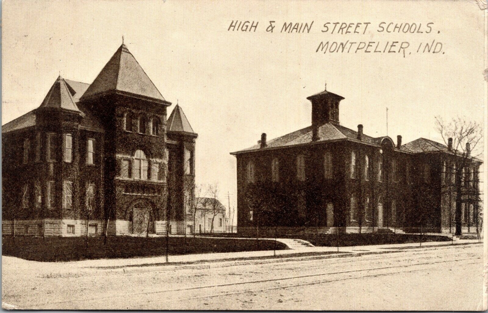 High & Main Street Schools Montpelier Indiana Postcard POSTED