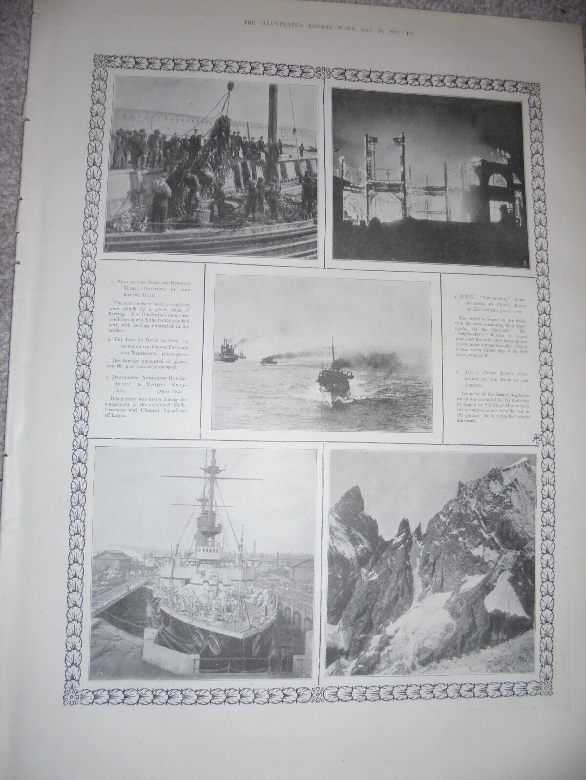 Printed photos Grand Pavilion fire Rhyl & HMS Implacable in dry dock 1901 ref ax