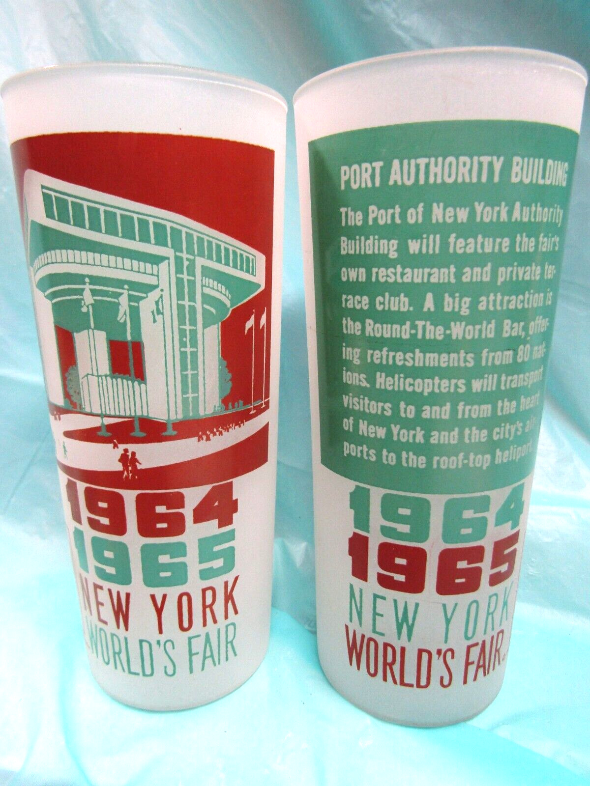 Pair 1964-65 NY Worlds Fair Green-Brown Frosted Glasses-Nice