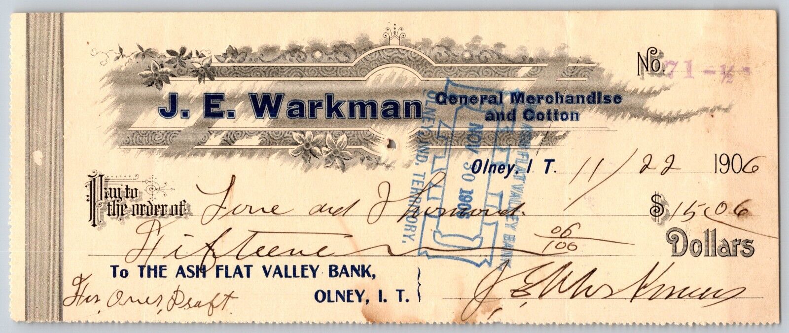 Olney, Okla. Indian Territory 1906 Bank Check J.E. Warkman Cotton / Ghost Town