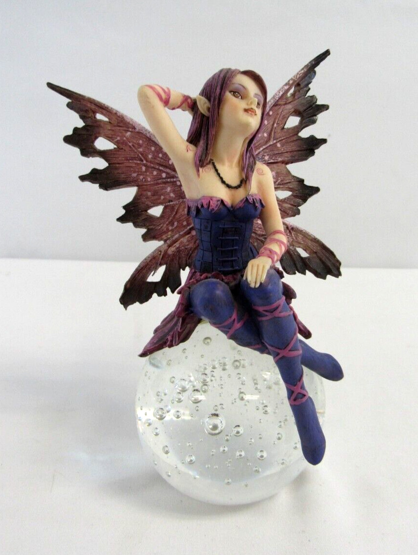 Woodland Fairy Sitting on Bubbled Crystal Ball Butterfly Wings Purple Dress