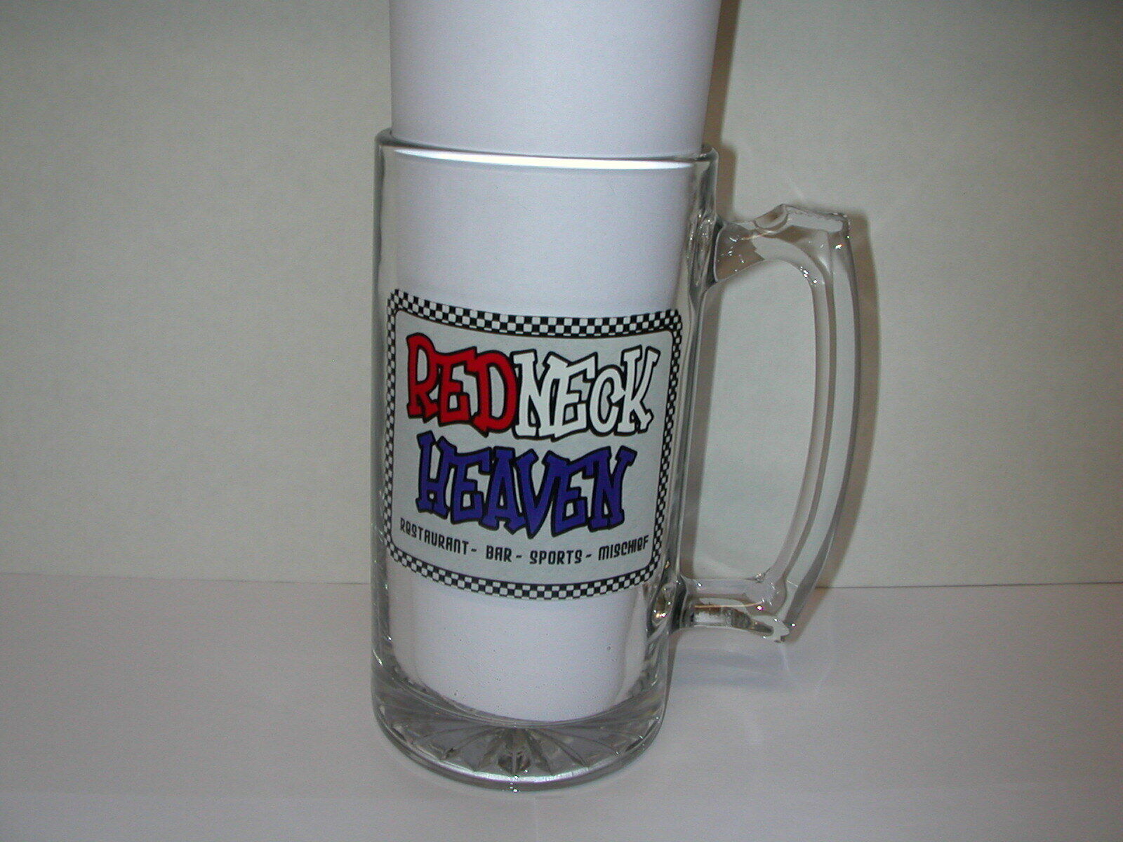 REDNECK HEAVEN Large Glass Beer Mug~TEXAS Bar Restaurant Sports Mischief~Bikers