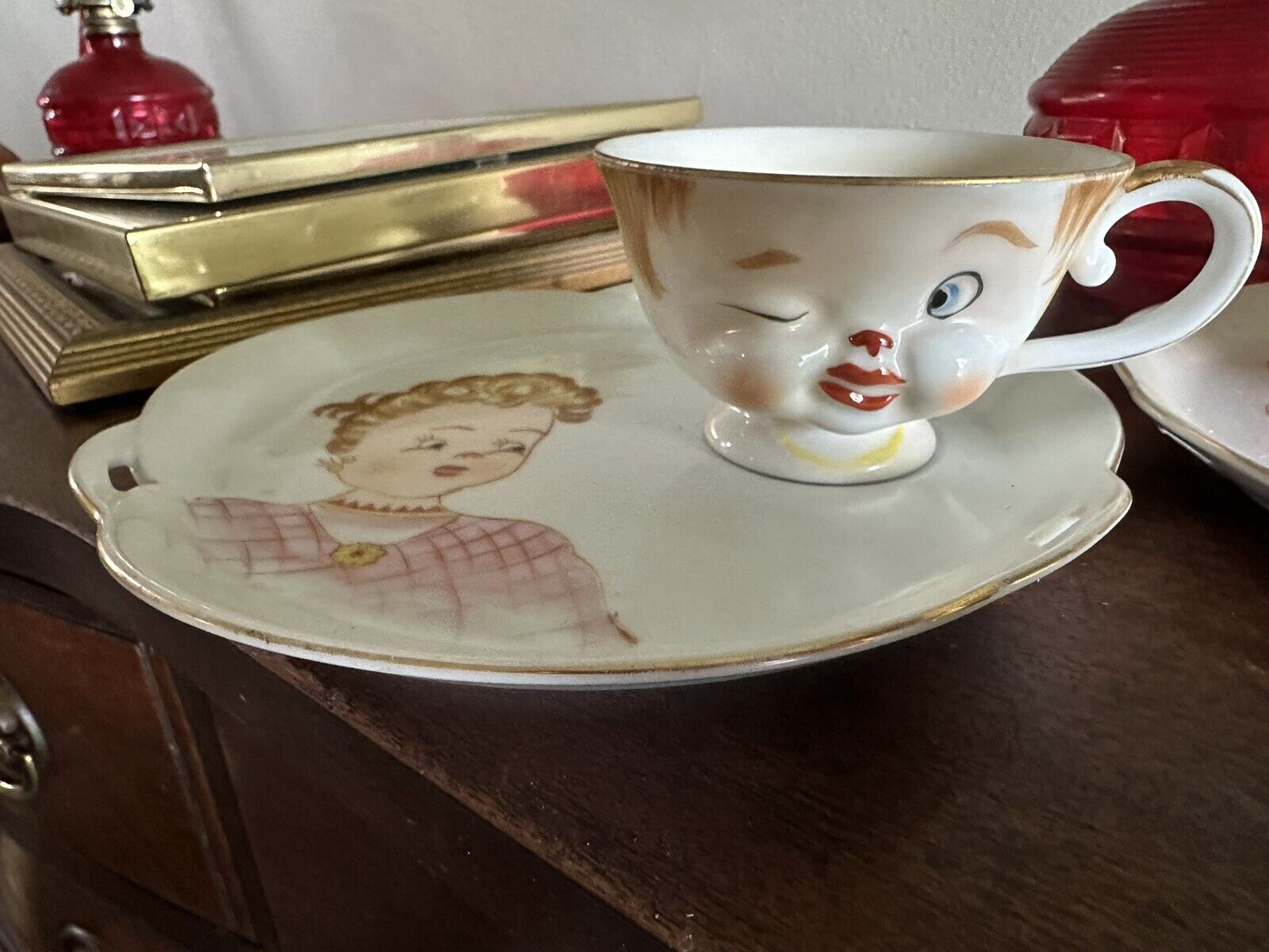 Antique Wink Face Tea Cups And Plates/ His And Hers