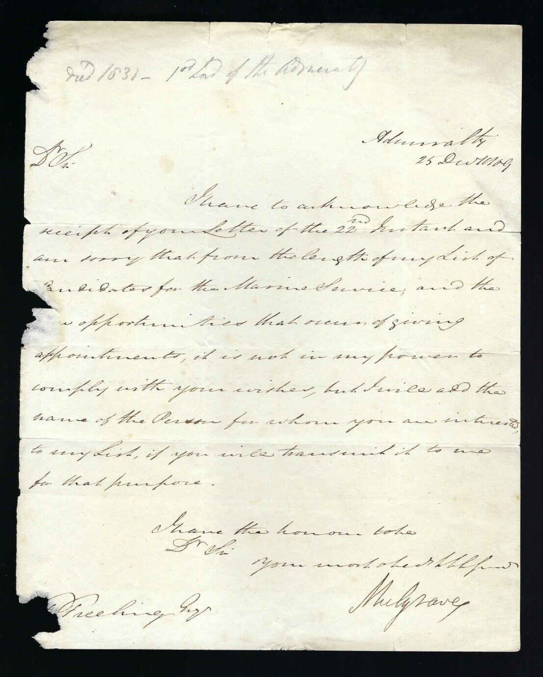 Henry Phipps, 1st Earl of Mulgrave signed letter British Soldier & Politician