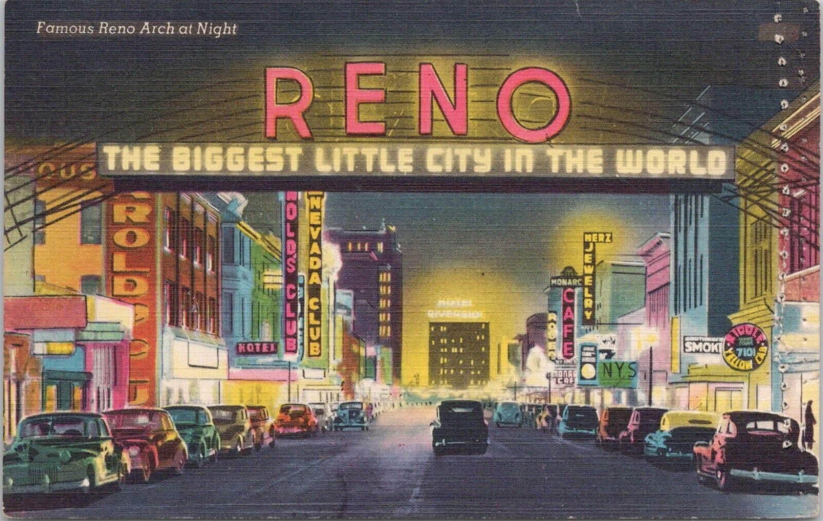 Linen PC Reno Nevada Famous Reno Arch at Night Casinos 1950s era