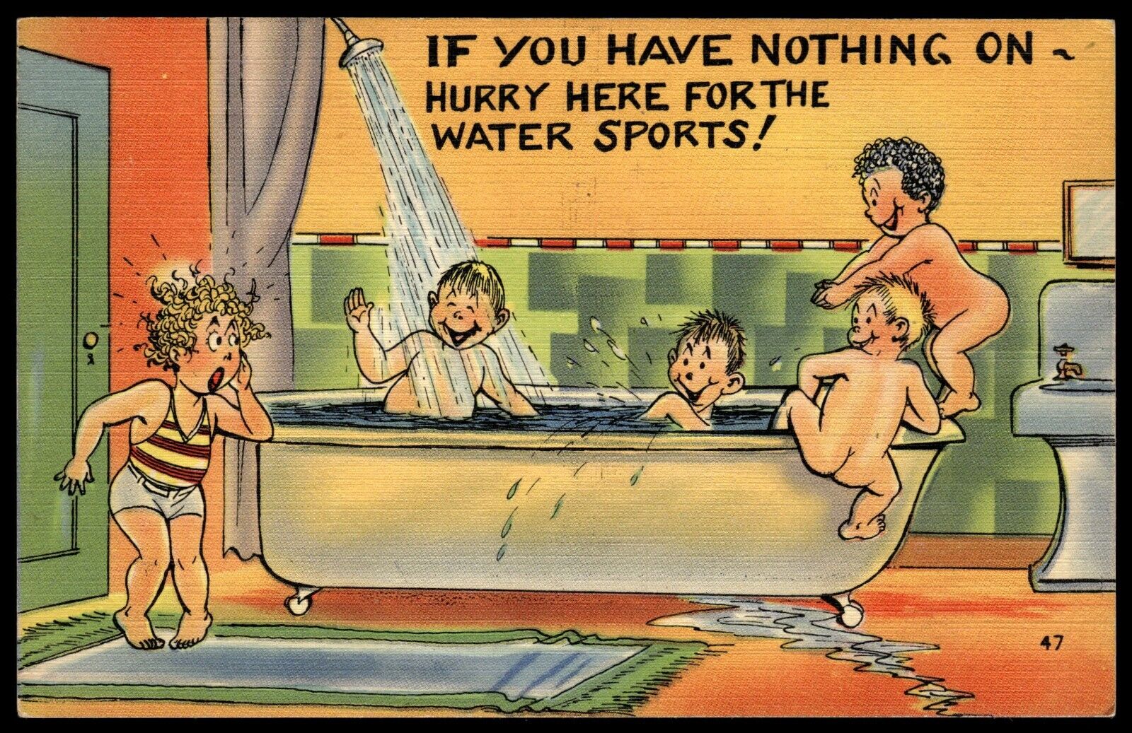 Postcard Linen Humor If you have nothing on hurry here for the water sports