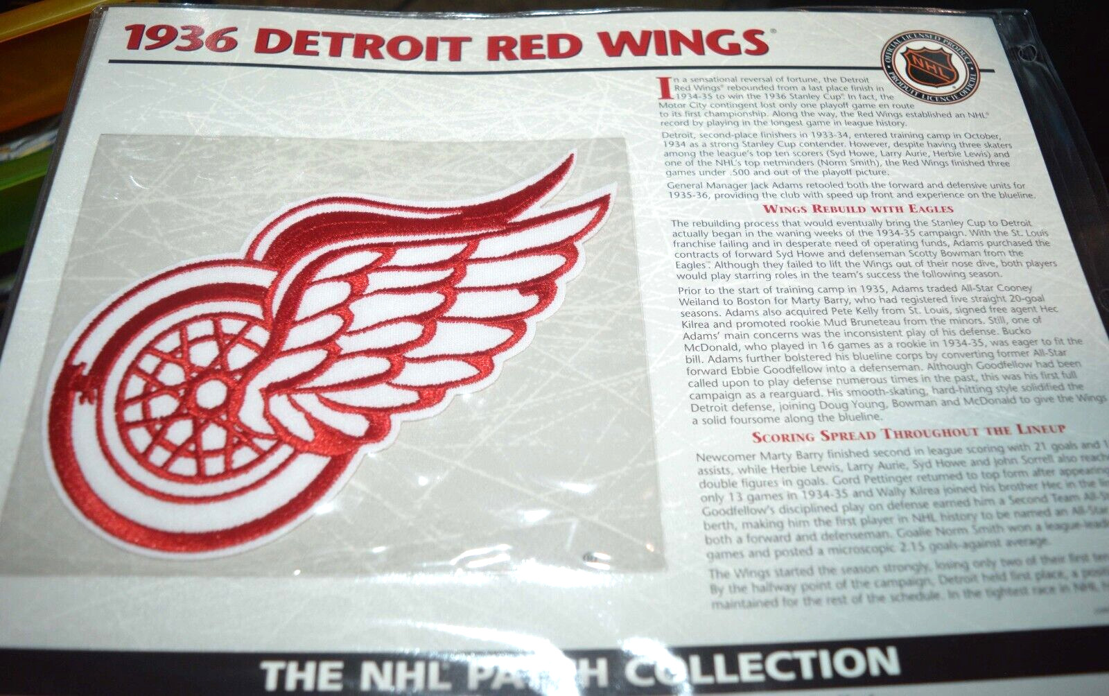 DETROIT RED WINGS 1936 LOGO NHL HOCKEY WILLABEE & WARD INFO CARD & PATCH