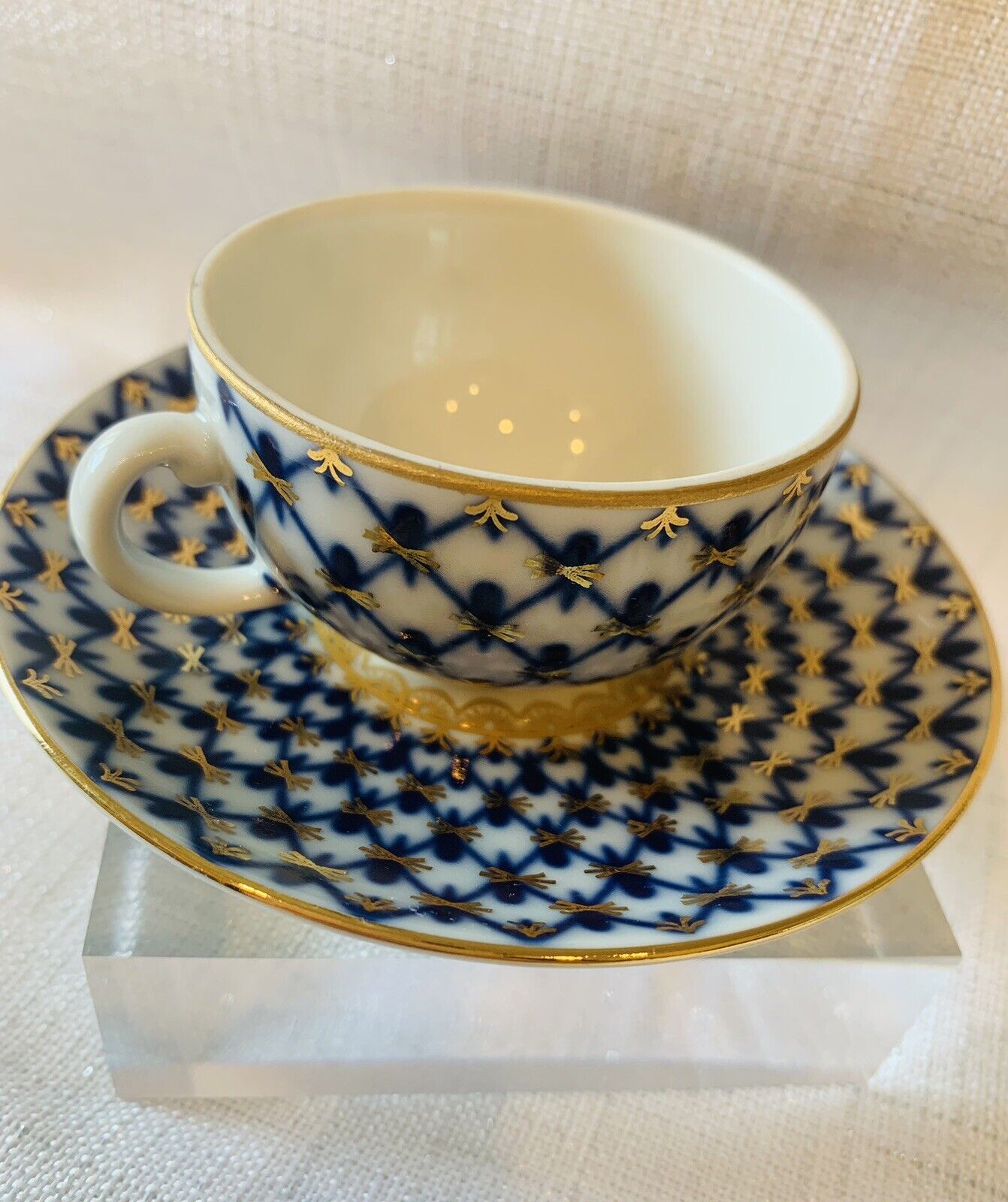 Vtg. Lomonosov Fine Porcelain Miniature Teacup Saucer Cobalt Blue Net Russia
