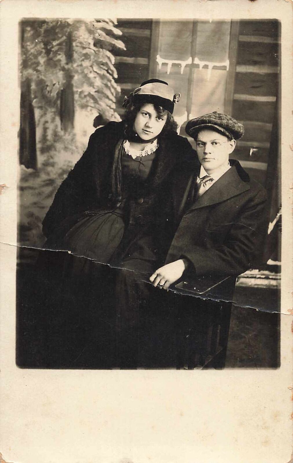1916 RPPC Man & woman Couple Hungover Real Photo Postcard Studio Big Girl 