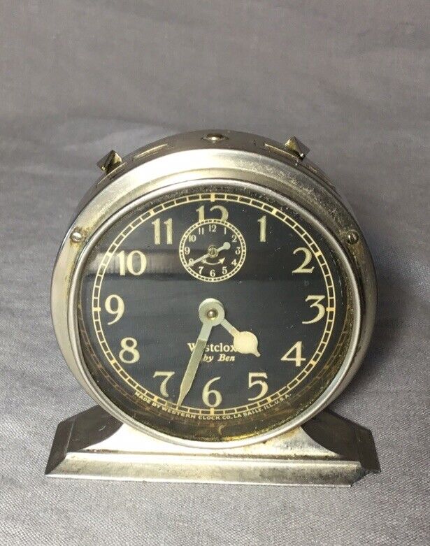 RARE Antique 1927 Nickel Westclox Baby Ben  Alarm Clock