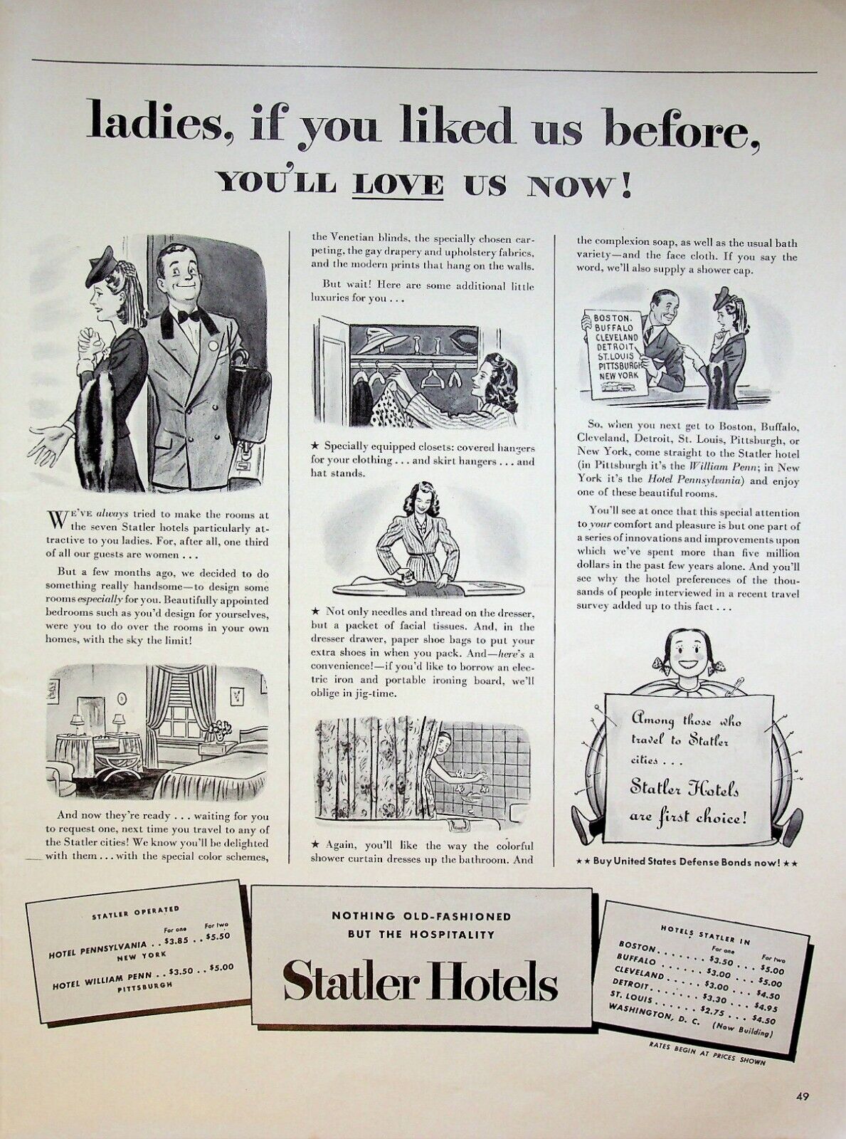 1941 Statler Hotels Vintage Print Ad 1940s WW2 ERA Old-Fashioned Hospitality