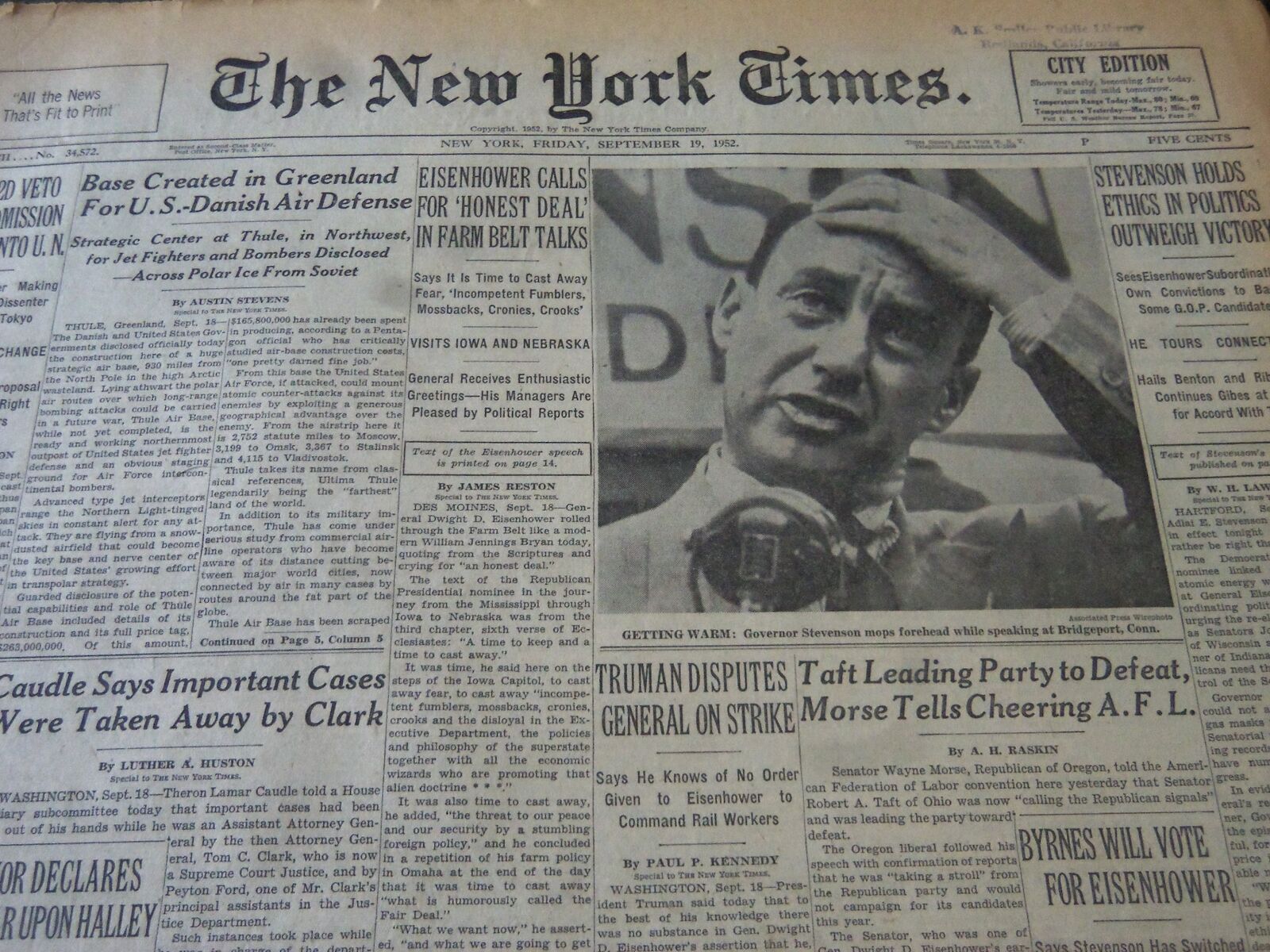 1952 SEPT 19 NEW YORK TIMES - STEVENSON HOLDS ETHICS OUTWEIGH VICTORY - NT 6122