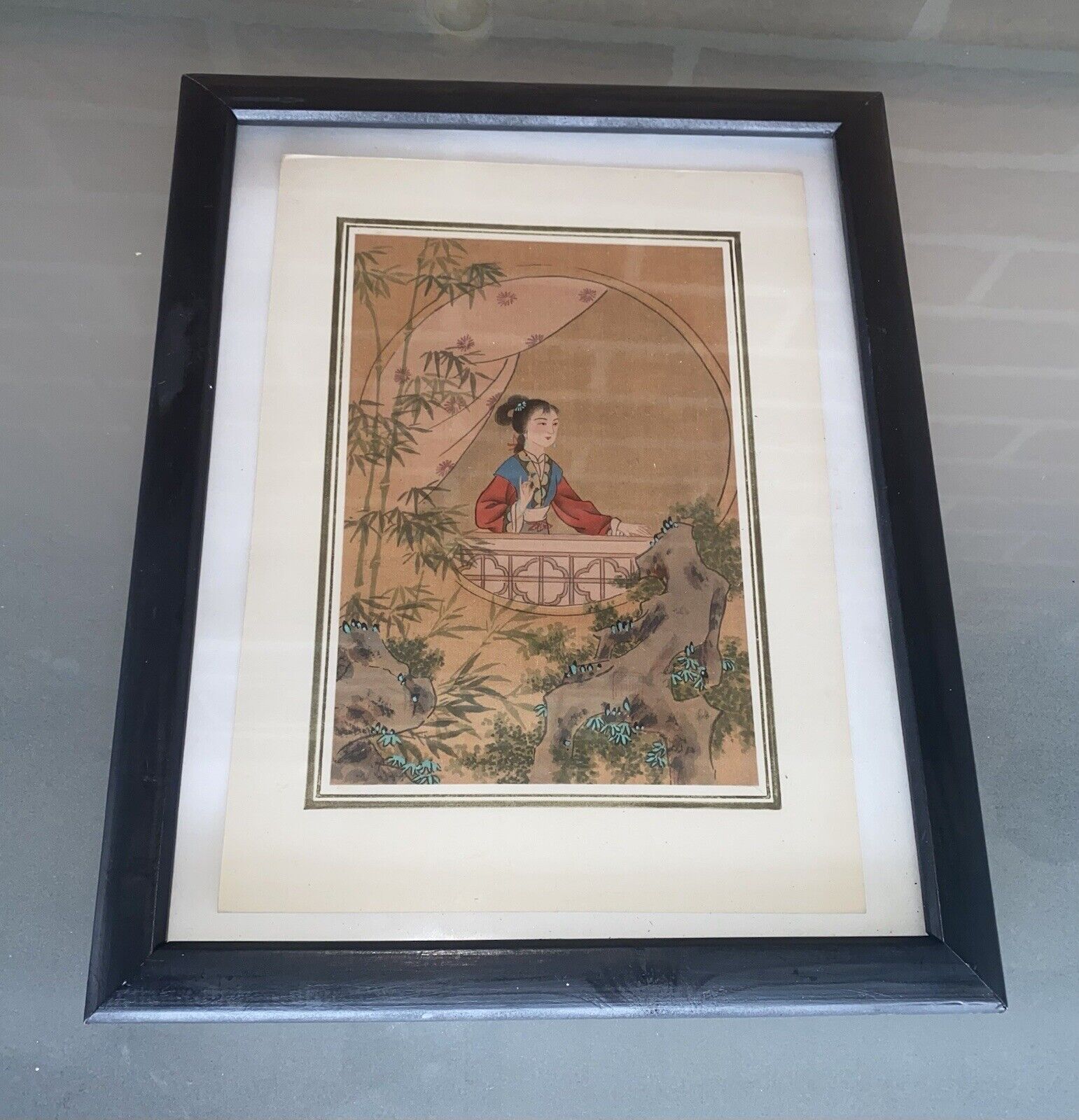 Vintage Chinese Geisha Girl Watercolor Painting On Silk Rare Framed Art Print