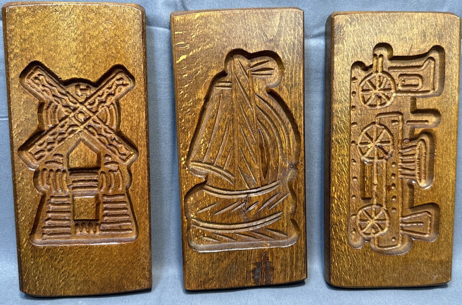 7 ” Dutch Springerle Speculaas Wood Cookie Molds. Train, Sail, Wind LOT OF 3