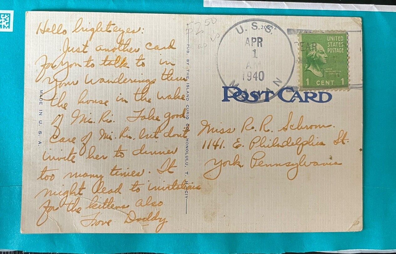Unique Postcard WWII 1940 Pearl Harbour To York, PA, Shipwashitbykamikaze,sank