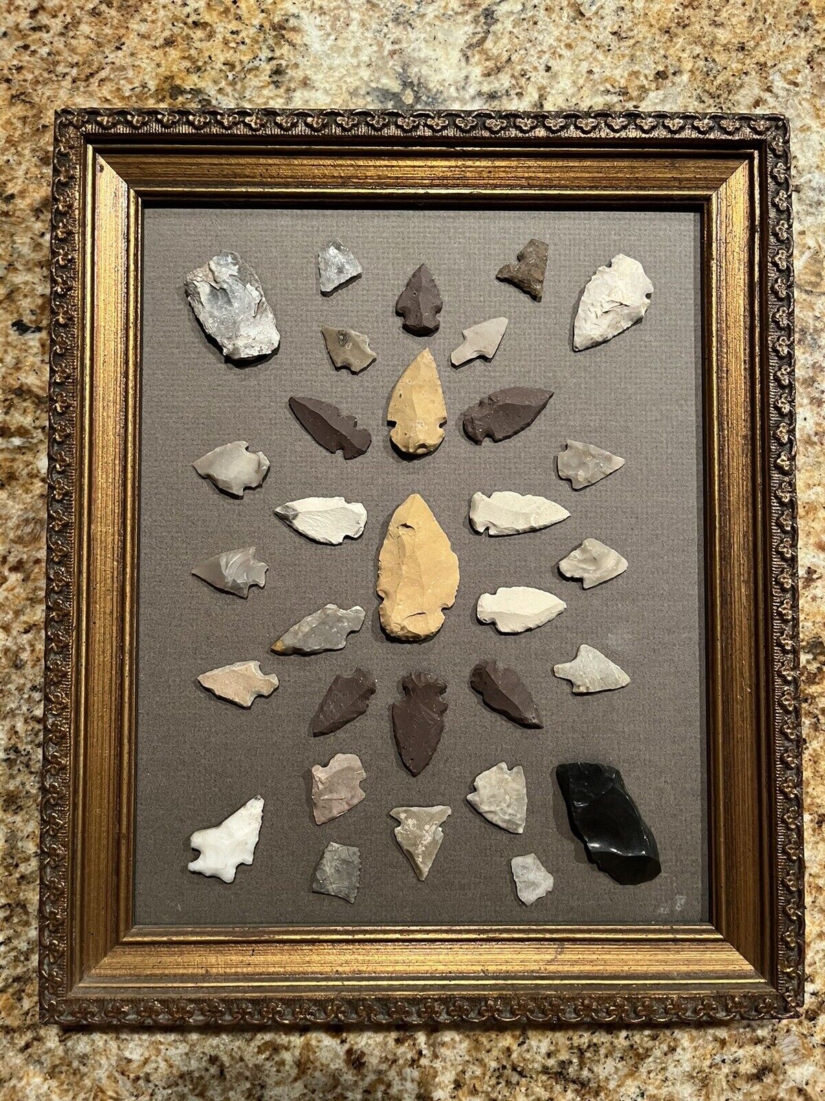 Framed Native American Arrowhead And Bird Point Collection Total Of 31 Items