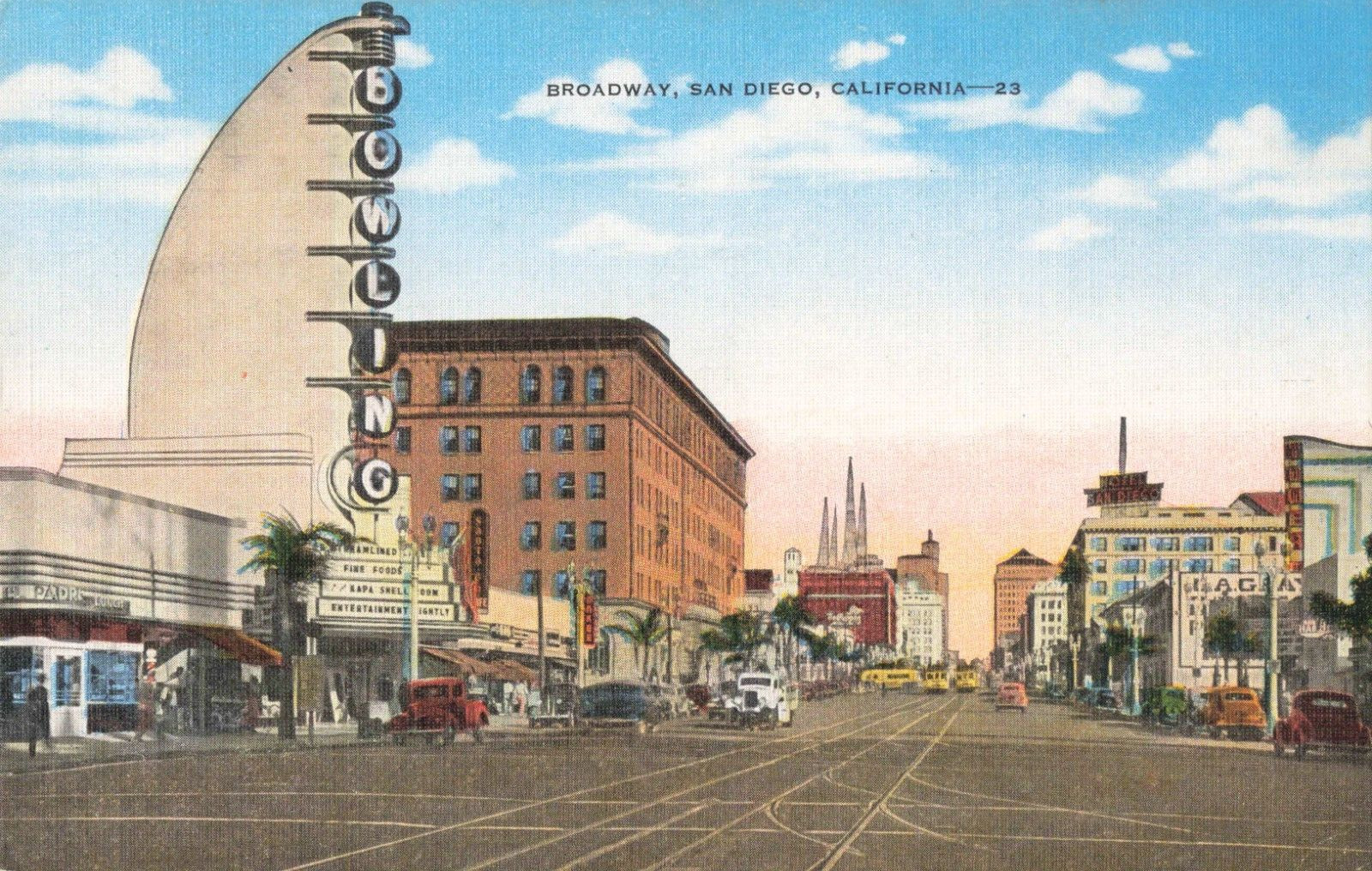 San Diego California Broadway Bowling Art Deco Theatre Vtg. Linen Postcard 411