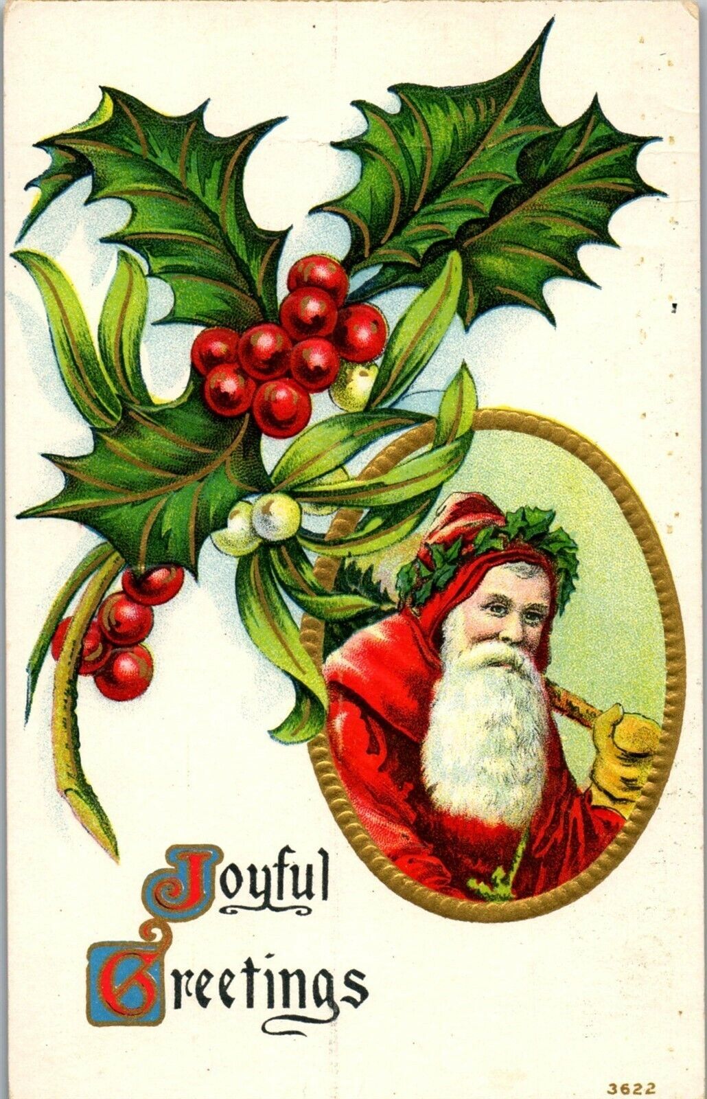 Vintage Christmas Santa Postcard Winsch Back Gold Gilt Embossed Holly C1919