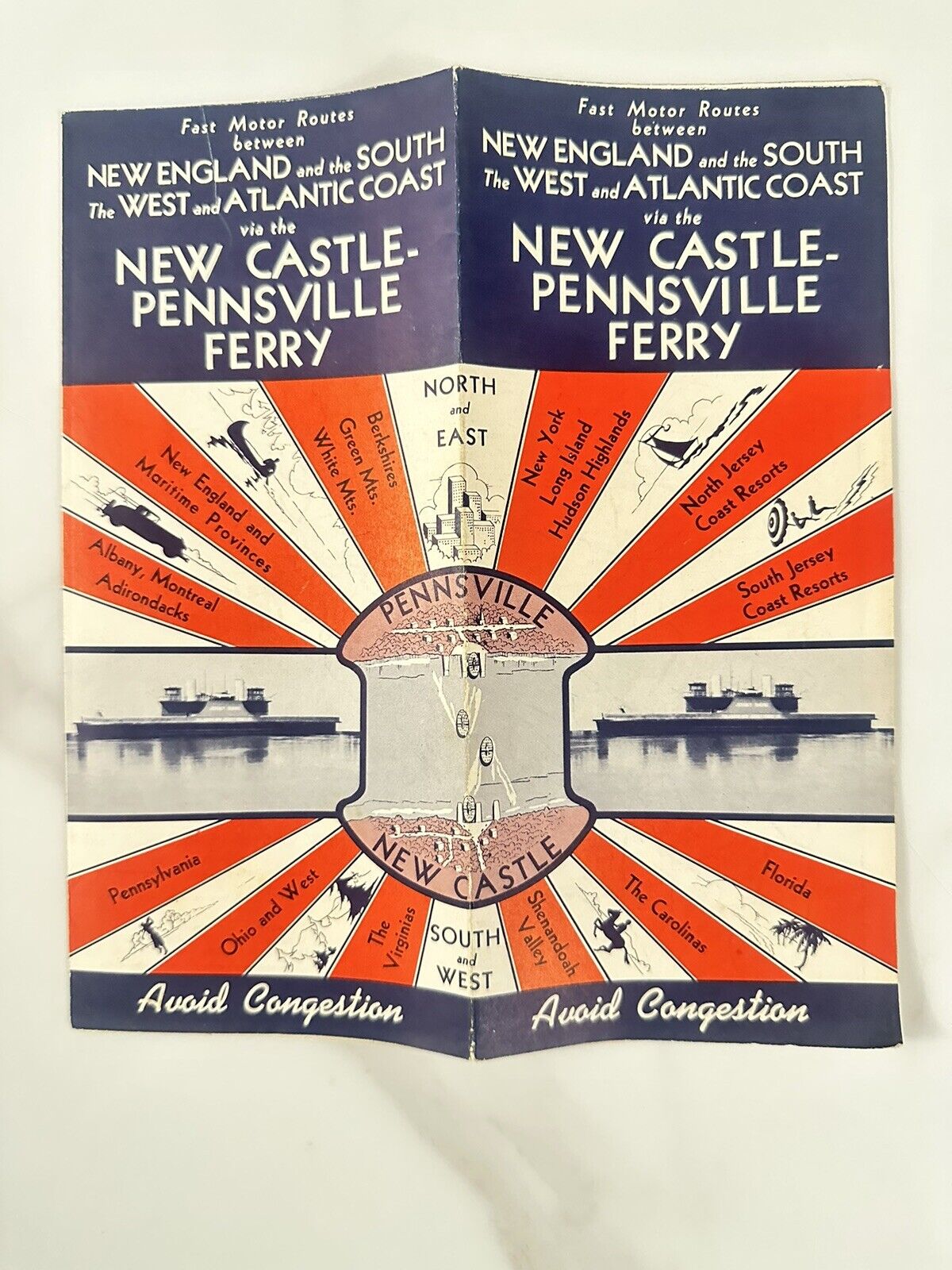 1950 New Castle Pennsville Ferry Fast Shipping Motor Routes Foldout Map Brochure