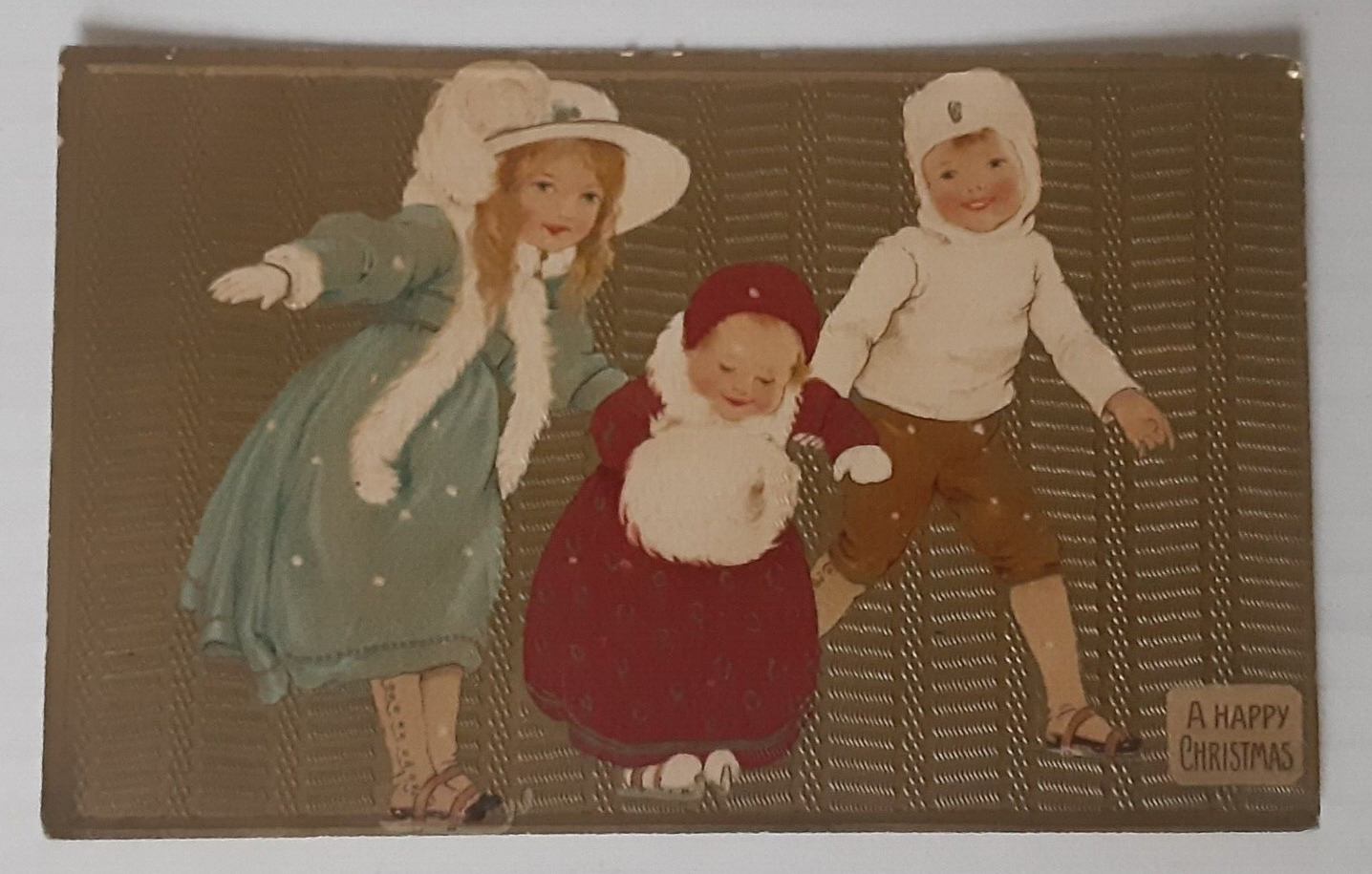 1900s Happy Christmas Gold Foil Embossed Postcard Antique Early Century Vintage